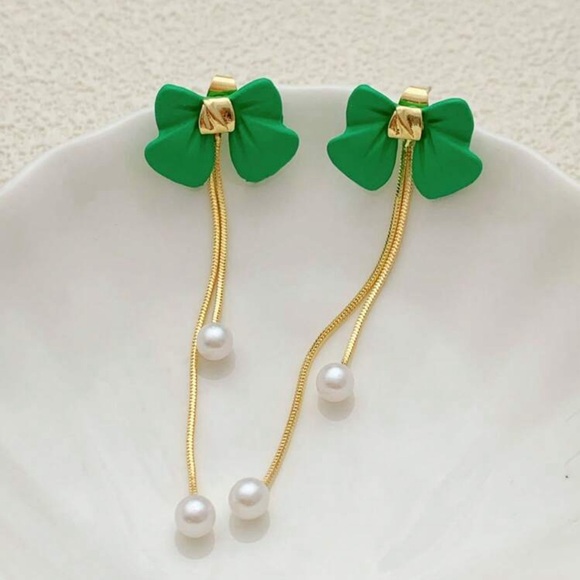 2/$30🌵 Green Bow Earrings Gold Pearl Tassel Fringe Fairy Kawaii Jewelry NEW - Picture 4 of 11